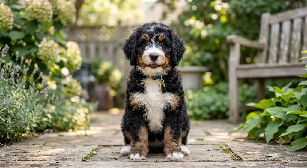 Black tri-color Bernedoodle puppy with white chest and tan eyebrow markings