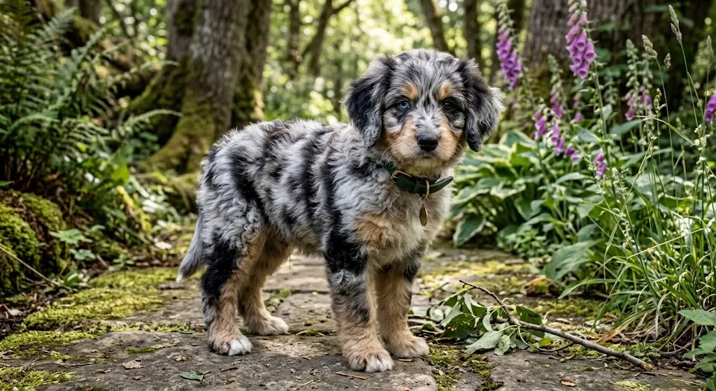 Blue merle Bernedoodle puppy with marbled grey and black coat pattern