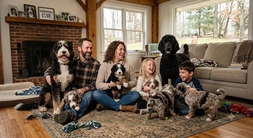 Breeder family with Bernedoodle parent dogs at home