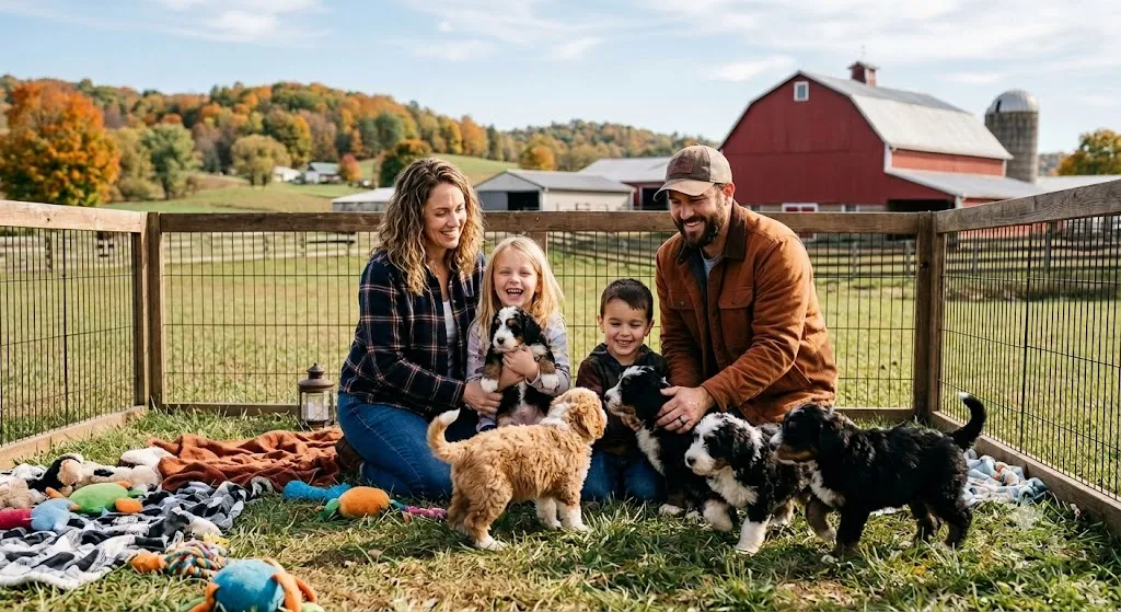 Family visiting Bernedoodle puppies in person near Sugarcreek, Ohio- bernedoodle-puppies-near-me