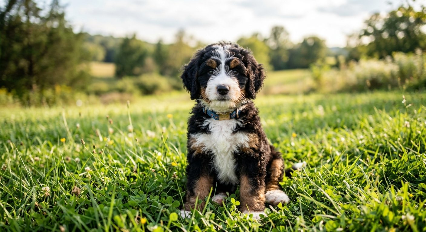 Mini Bernedoodle puppy for sale sitting in grass