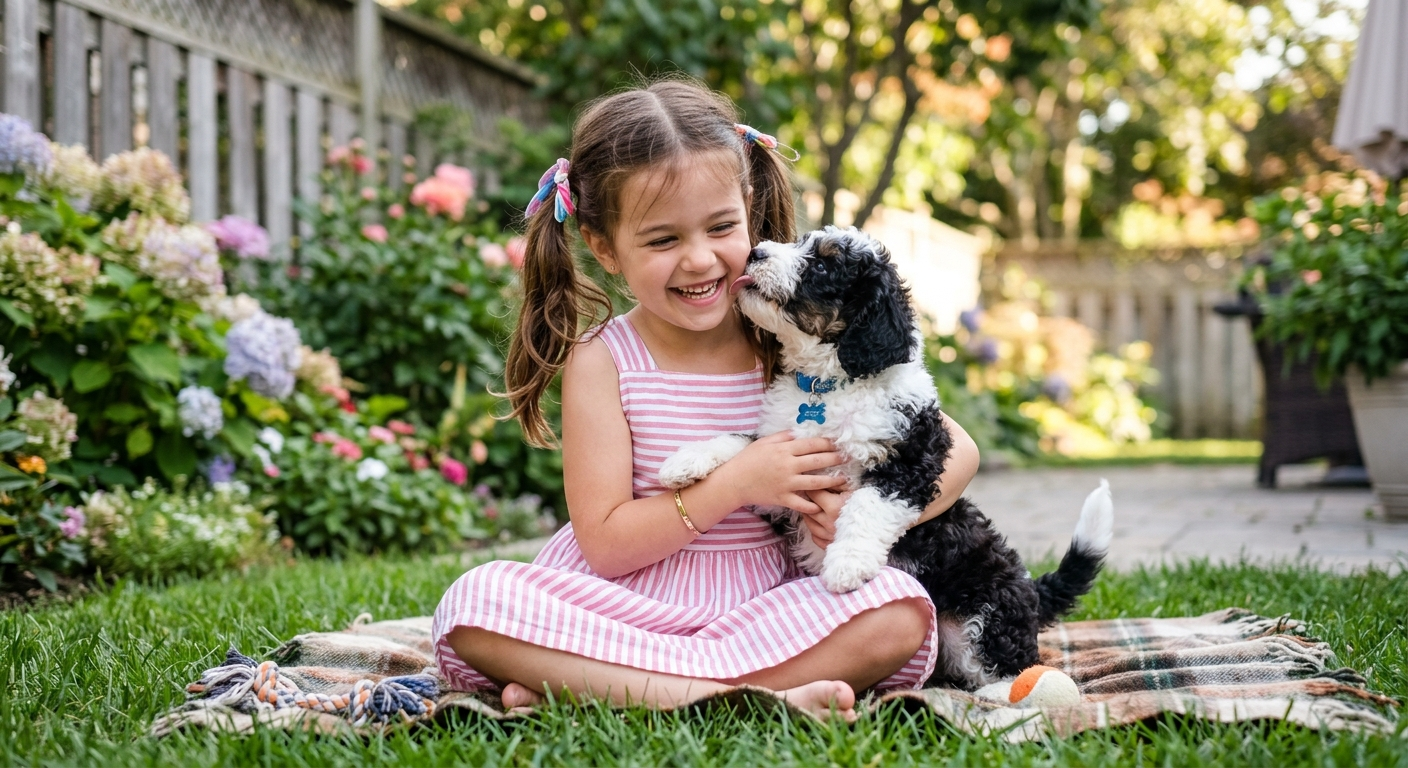 Mini Bernedoodle puppy playing affectionately with a child