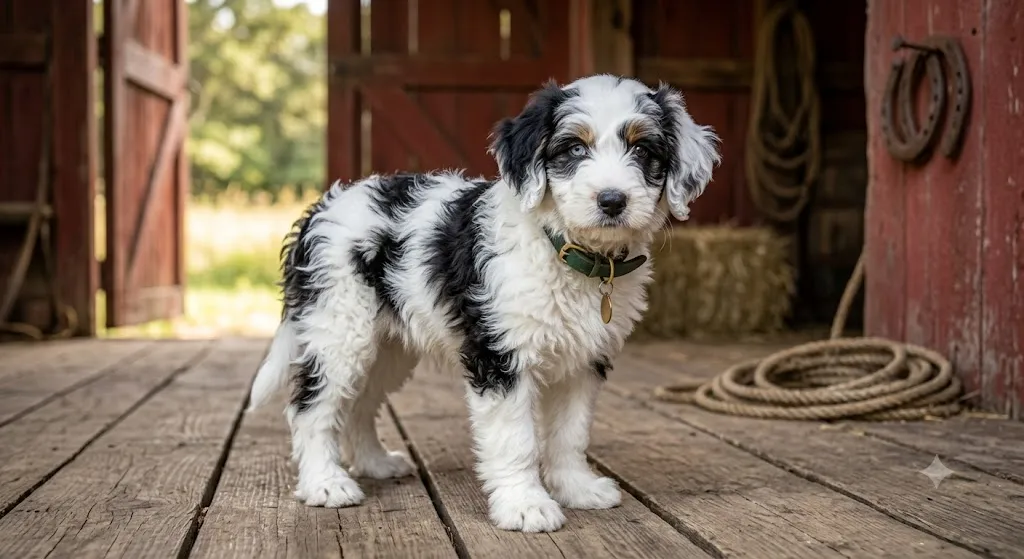 Parti Bernedoodle puppy with white base coat and black patches