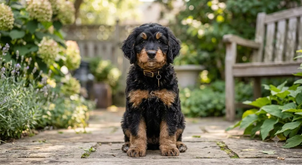 Phantom Bernedoodle puppy with black coat and tan markings on face and legs
