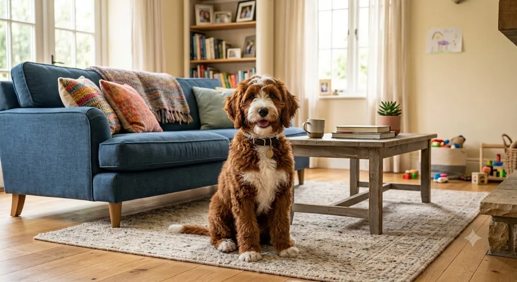 Red and white Bernedoodle puppy with rust colored coat and white chest