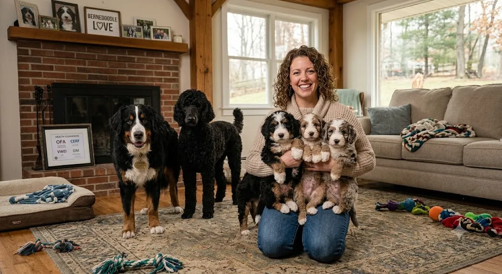 Reputable Bernedoodle breeder holding litter of puppies
