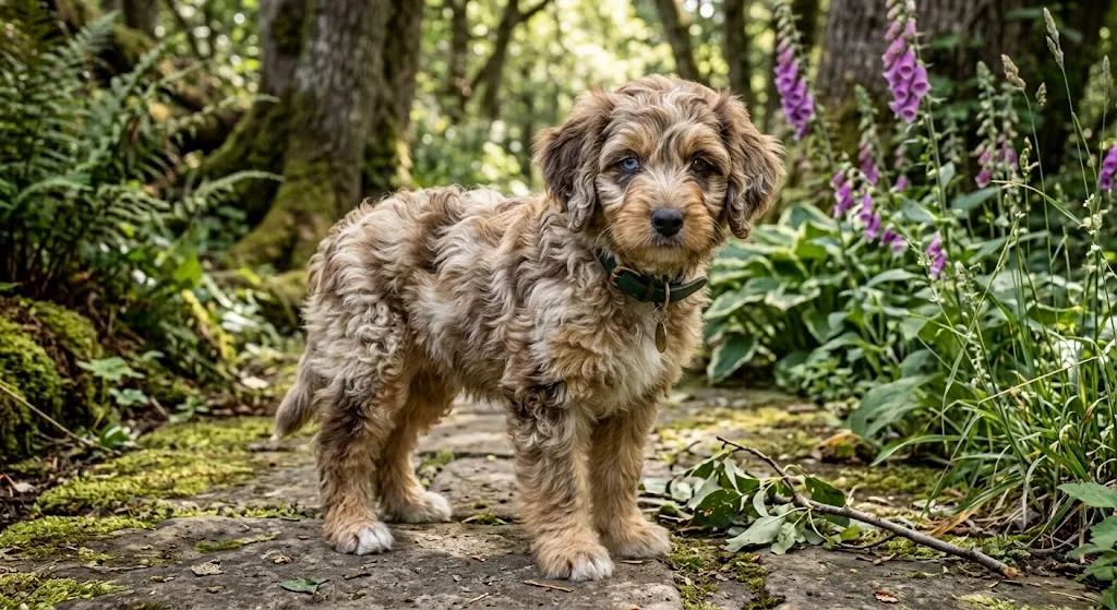 Sable Bernedoodle puppy with multi-toned cream and brown coat
