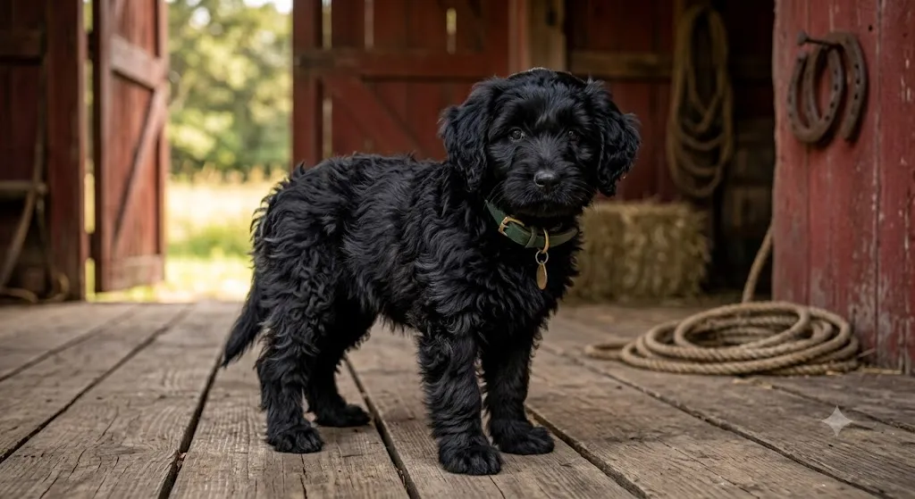 Solid black Bernedoodle puppy