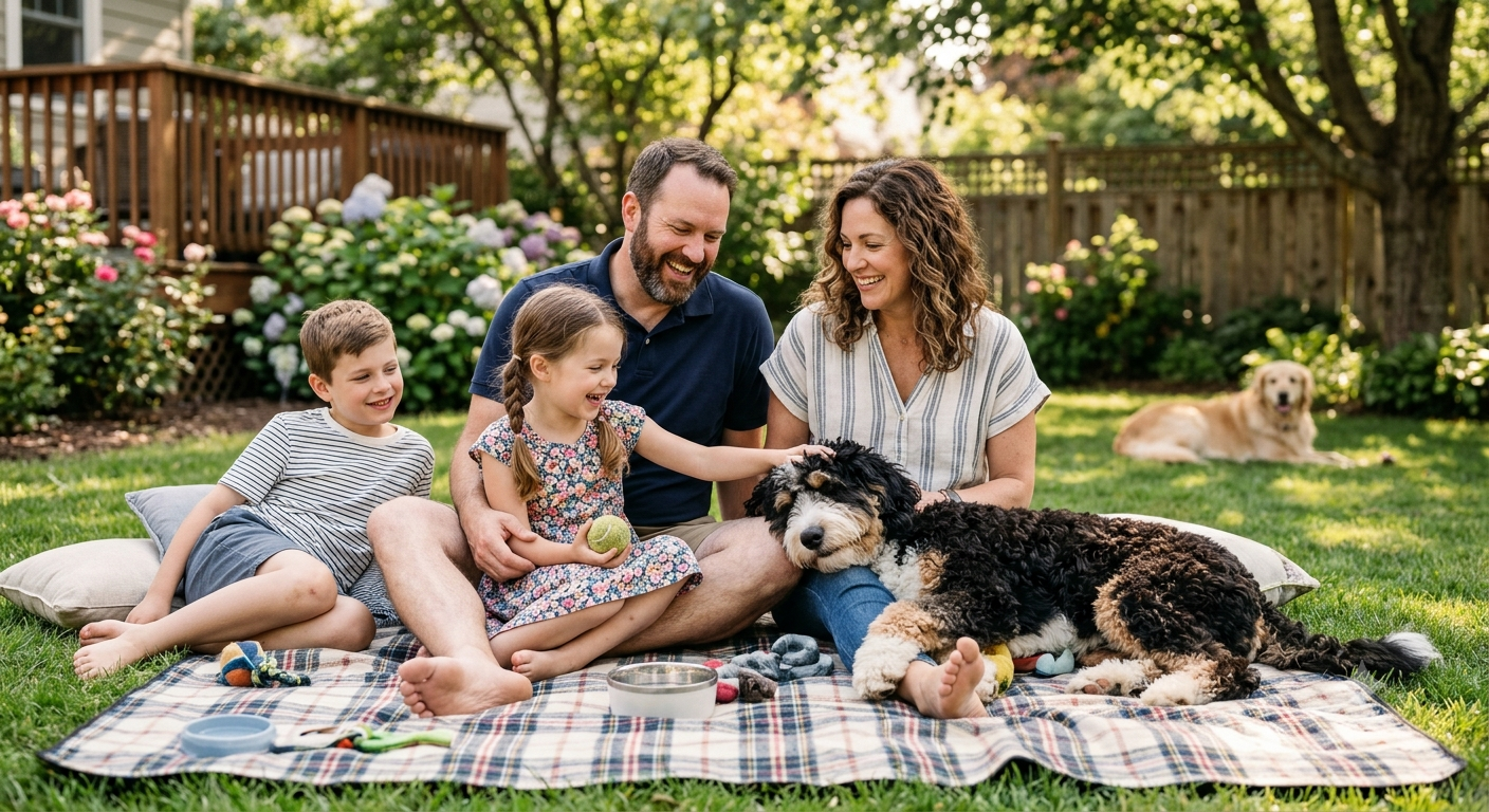 Standard Bernedoodle puppy relaxing with family outdoors
